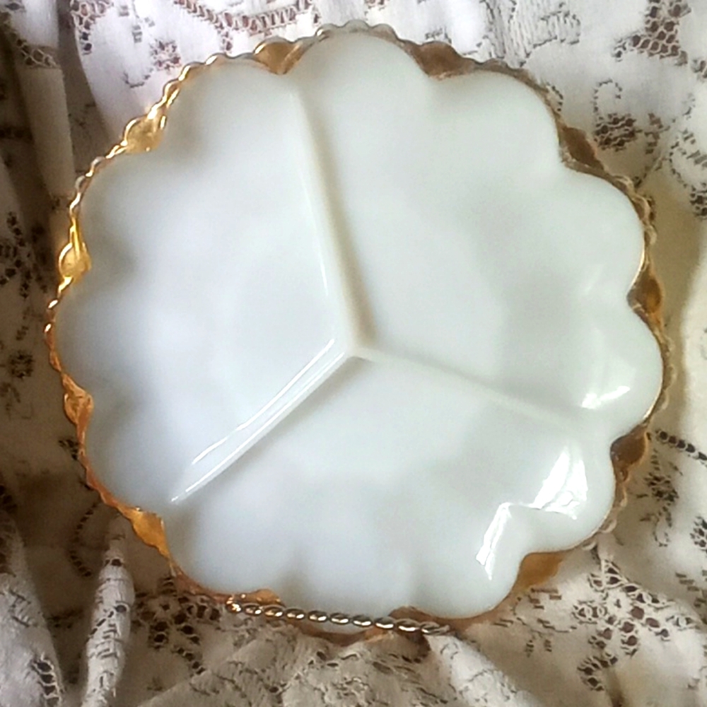 Vintage Anchor Hocking milk glass relish dish 1950's